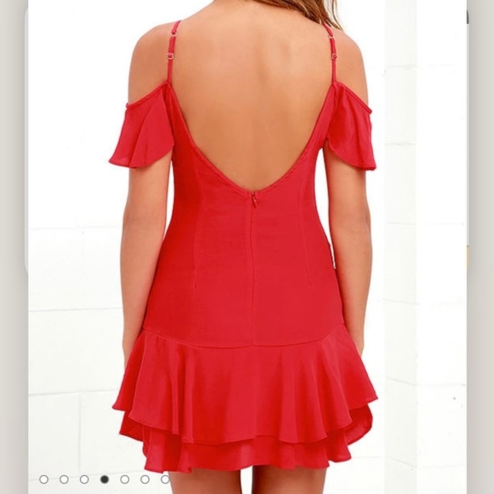 💃🏻Lulus Red Ruffled Up Cold Shoulder Backless Mini Dress‎ - Picture 4 of 13
